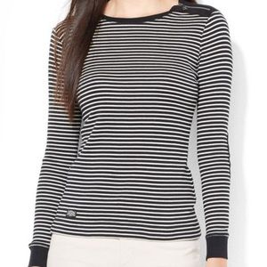 Lauren by Ralph Lauren black white striped sweater with faux suede elbow patches